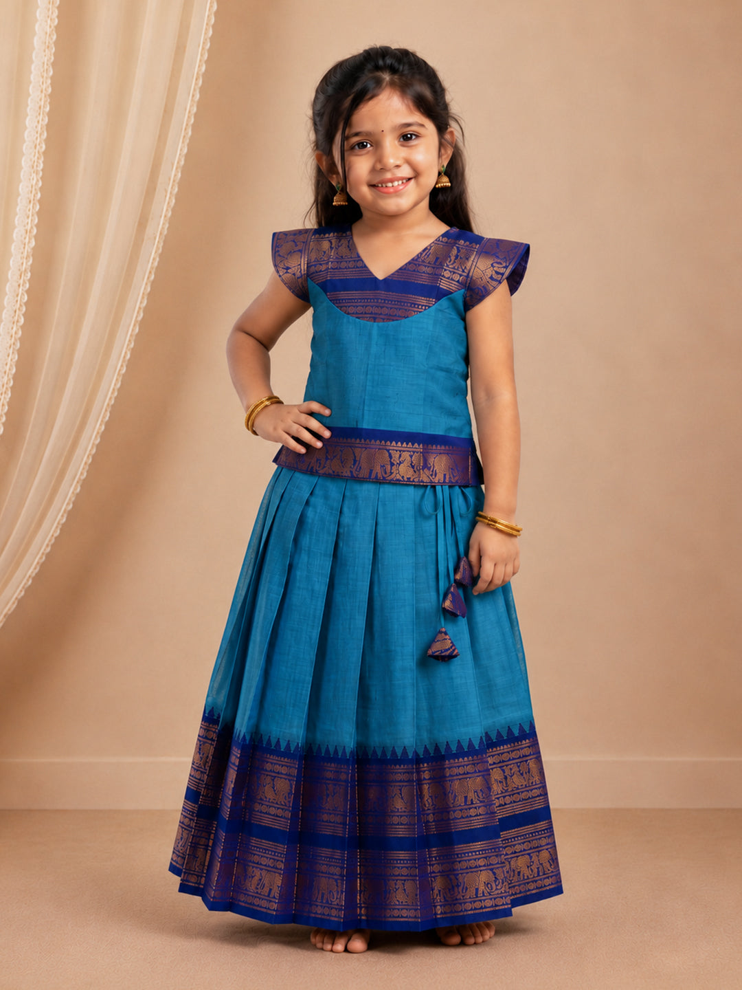 Girls Cotton Blue Pattu Pavadai Set GPS55