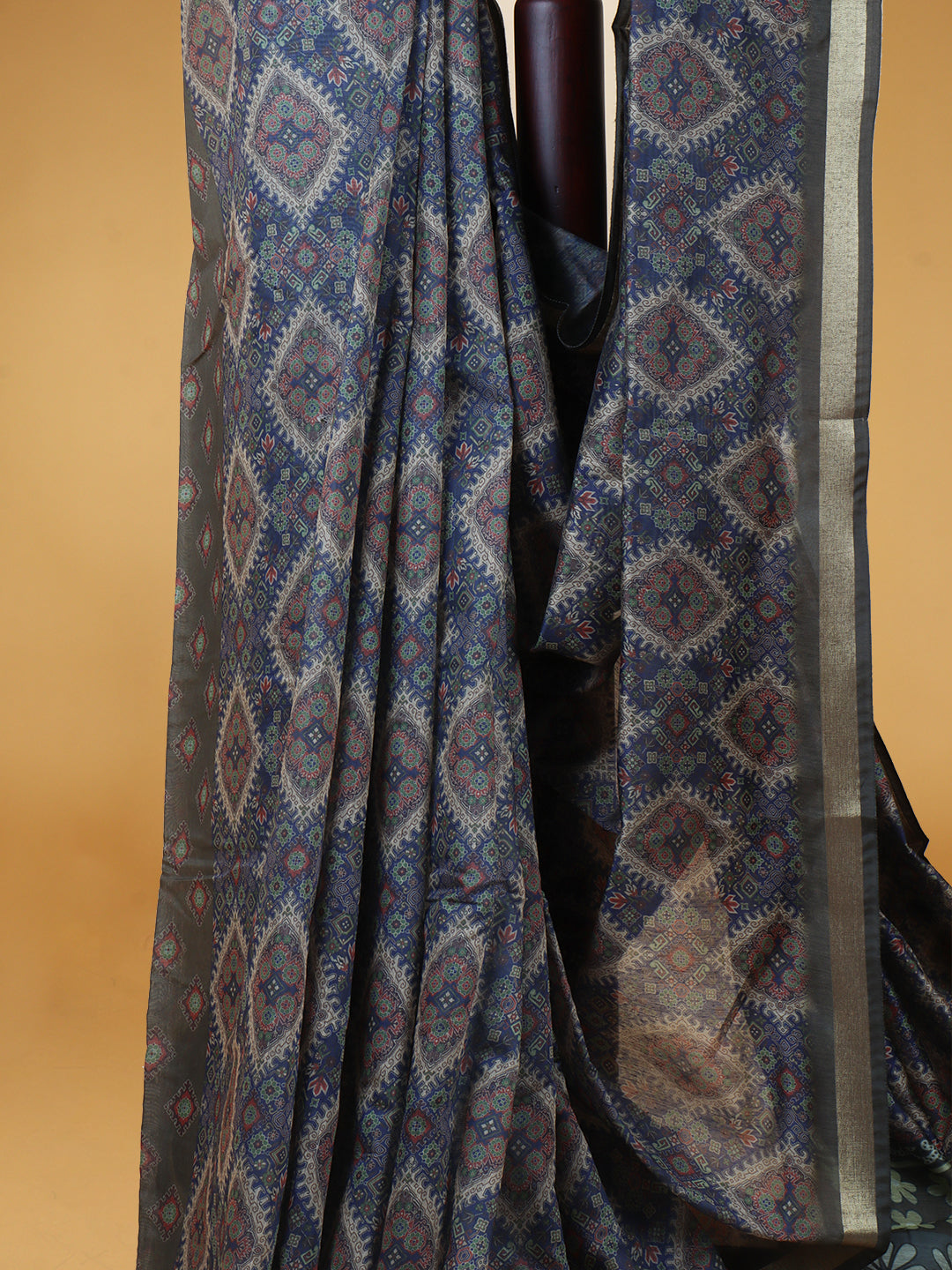 Women Dark Blue Semi Chanderi Cotton Printed Saree SC64