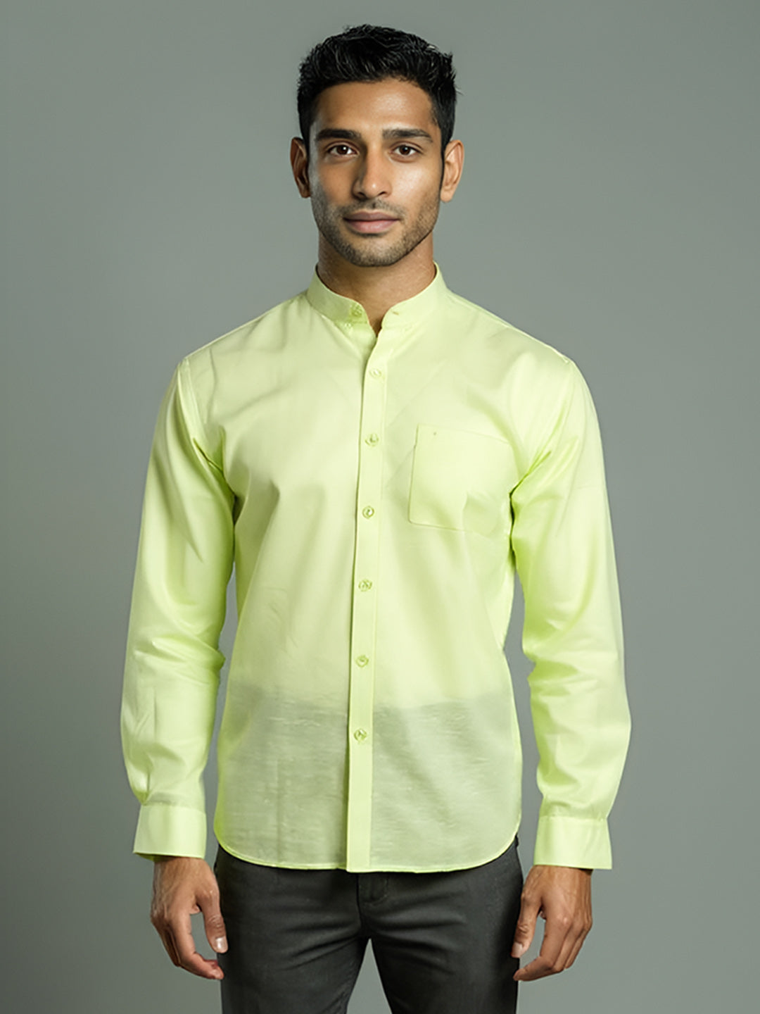 Men Greenish Yellow Linen Cotton Chinese Collar Shirt LF3