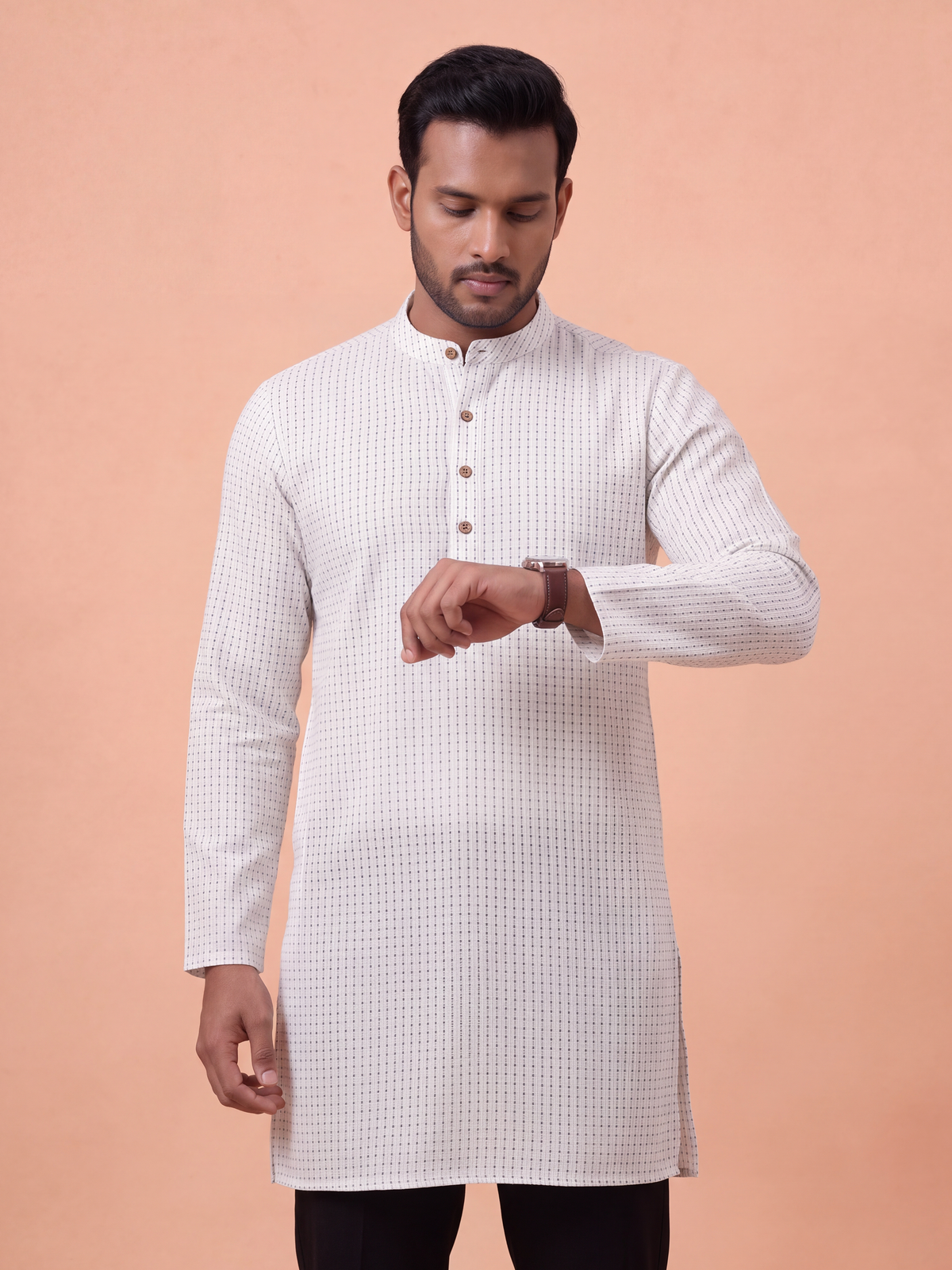 Cotton Medium Length Self Design Pocket Kurta White PC7