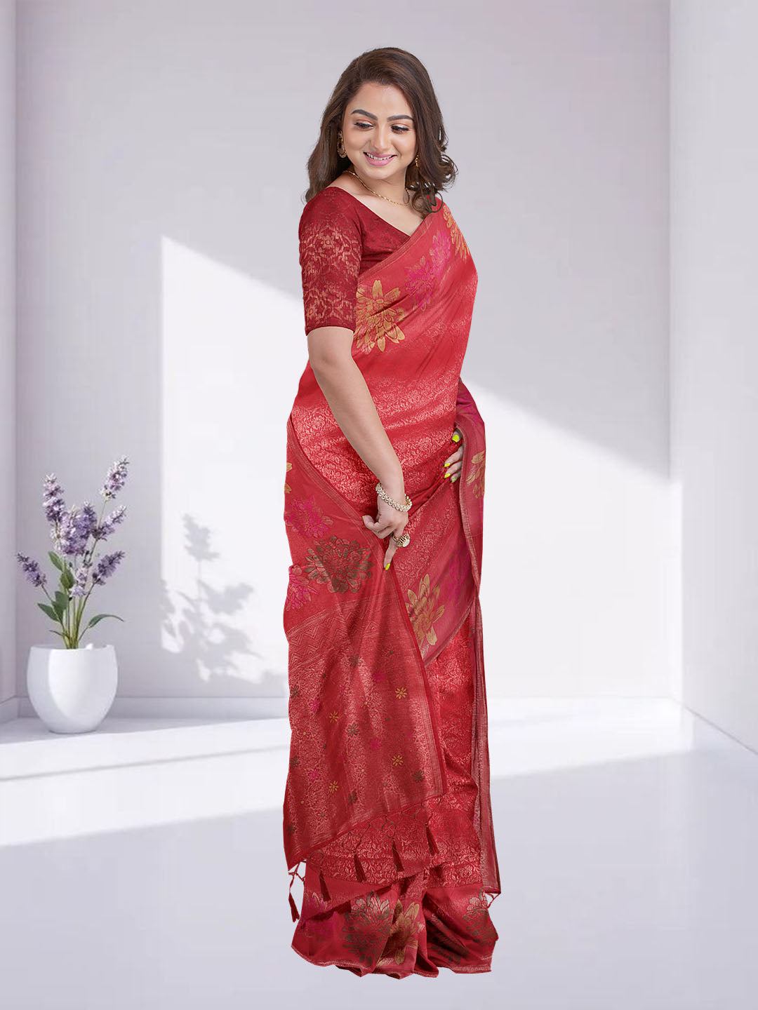 Women Red Semi Mysore Silk Saree SS375