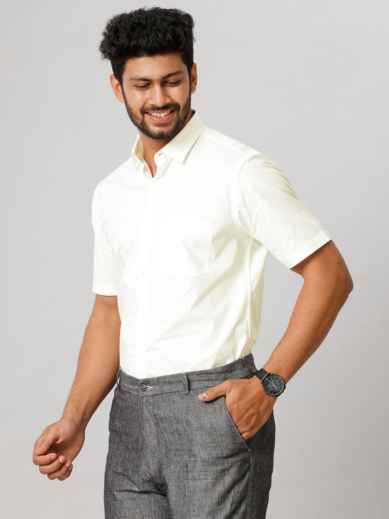 Mens Formal Cotton Spandex 2 Way Stretch Cream Half Sleeves Shirt