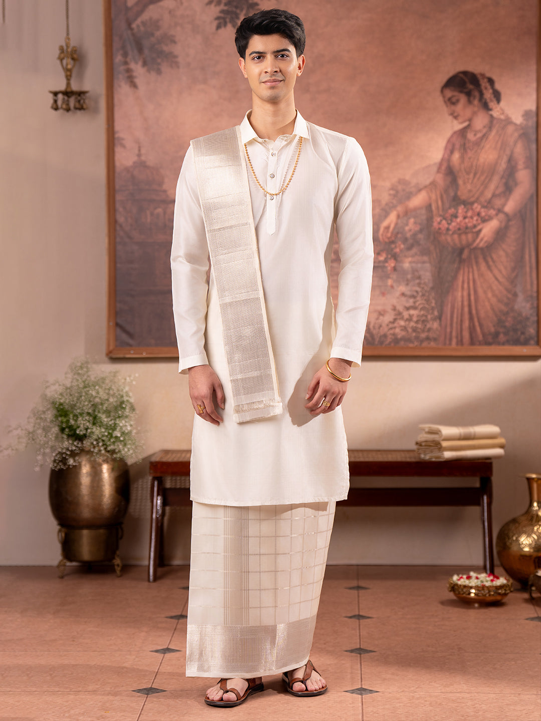 Premium Pure Silk 5" Cream Muthu Checked Design Wedding Dhoti & Towel Set – Virutcham