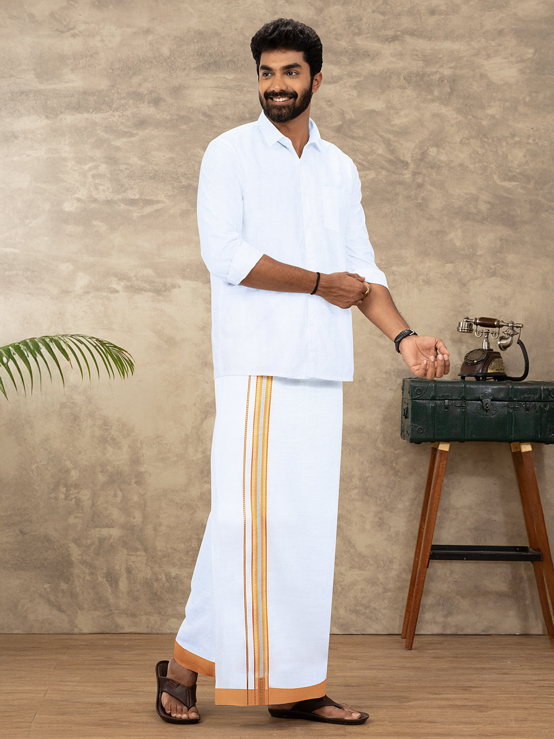 Men Cotton Blend Single Layer White Dhoti with Fancy Jari Border HSF12