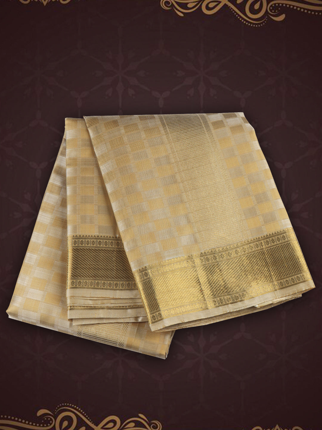 Men Pure Silk Dhoti and Towel Set with 3" Jari Border Virutcham