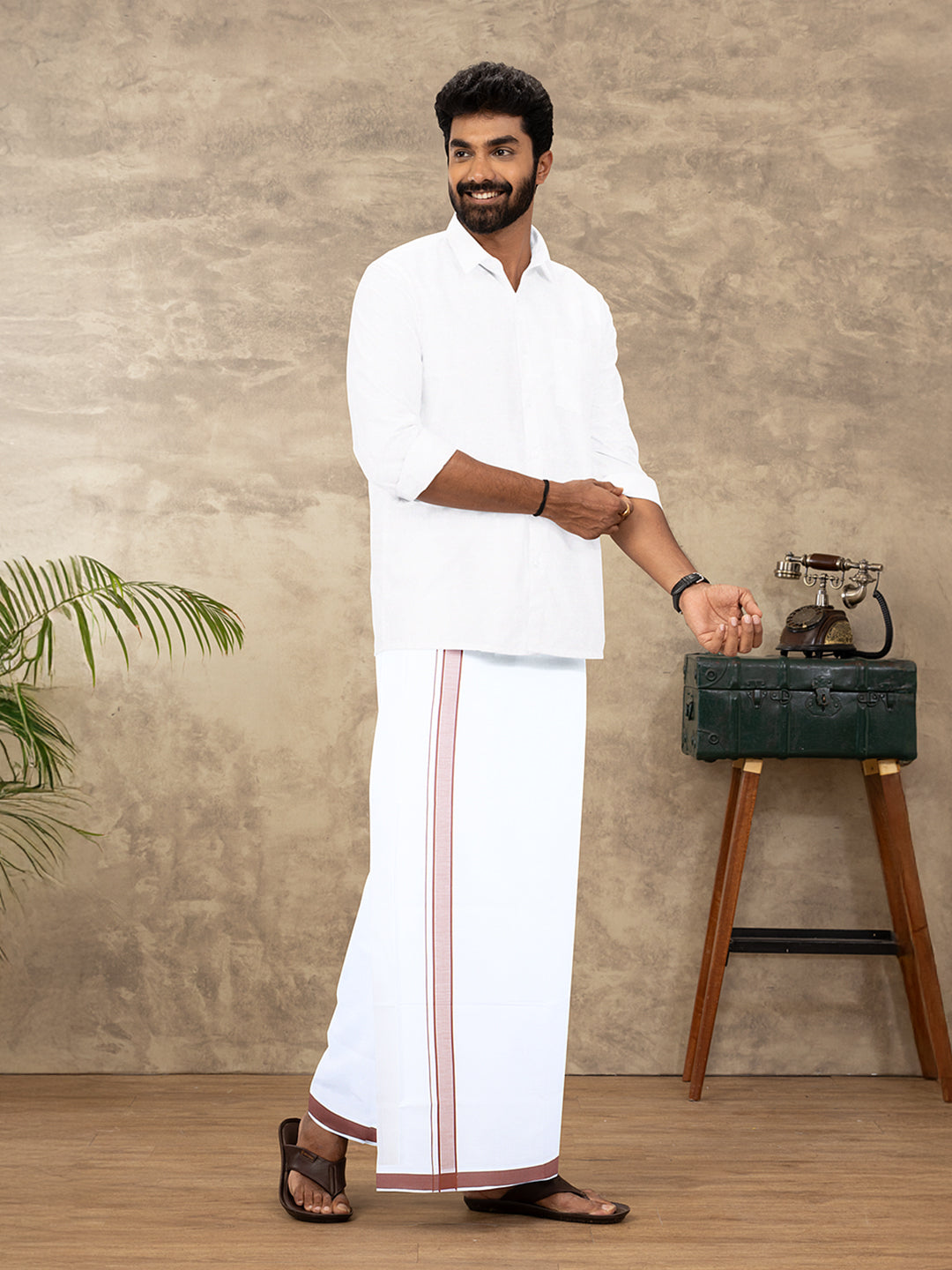 Men Cotton Blend Single Layer White Dhoti with Fancy Border WP28