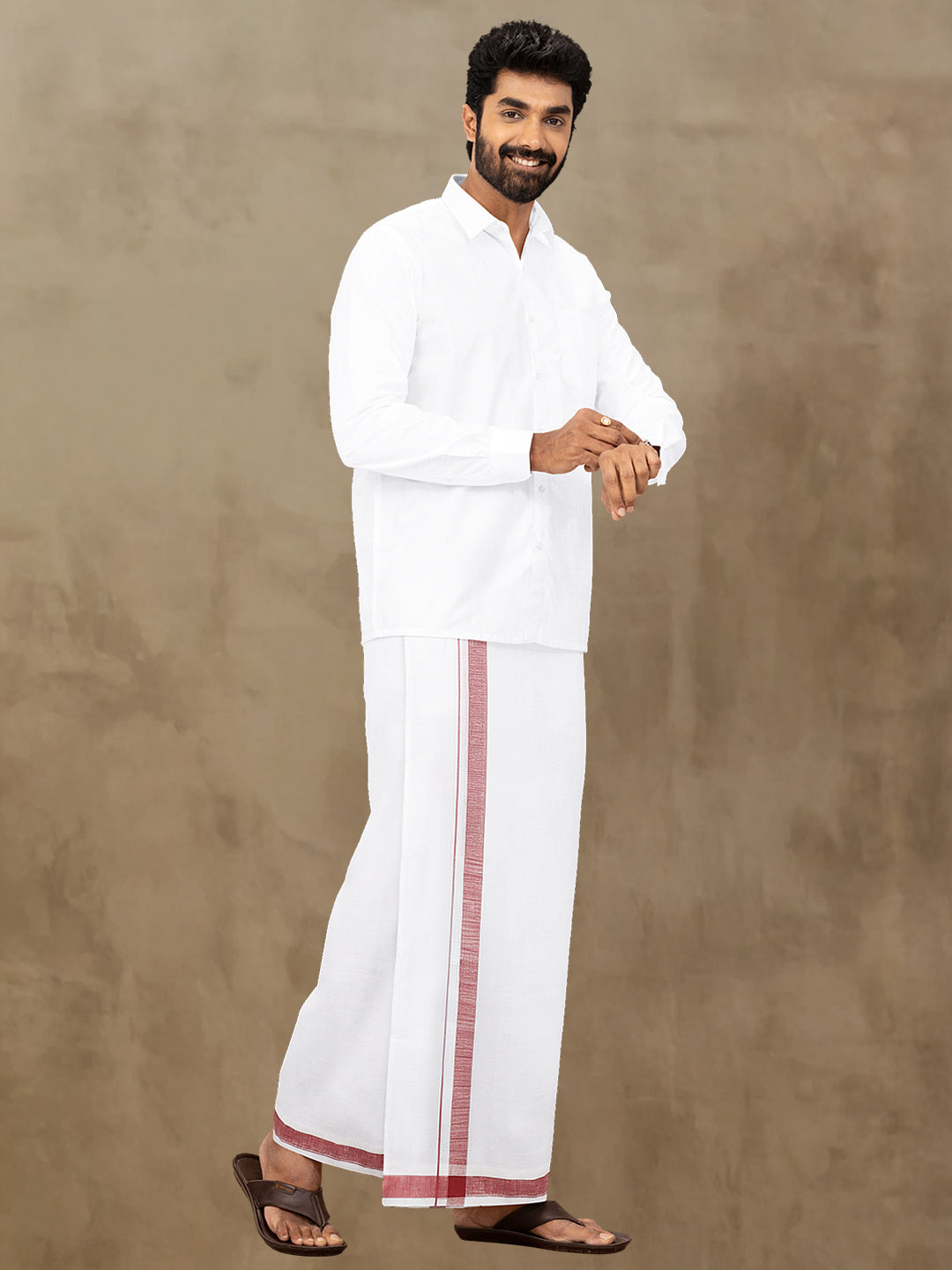 Men Maroon Fancy Border Double Layer Dhoti White 770