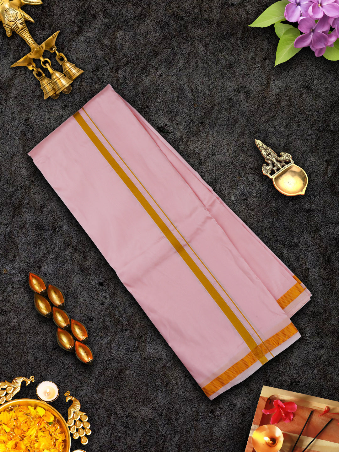 Mens Premium Art Silk Light Pink Shirting & Gold Jari Border Panchakacham Set 9+5 Ashirwath-View three