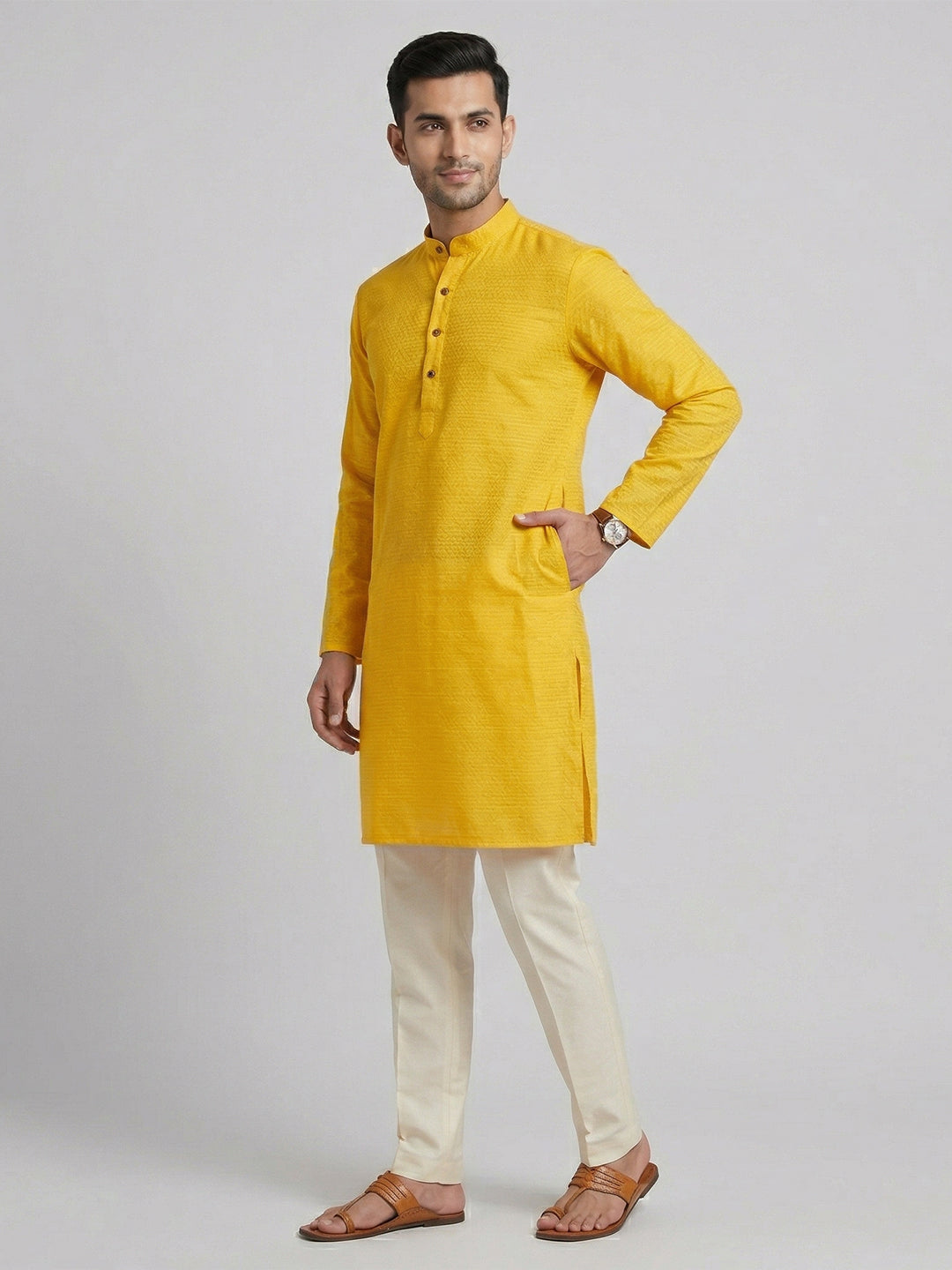 Cotton Medium Length Self Design Pocket Kurta Yellow D1