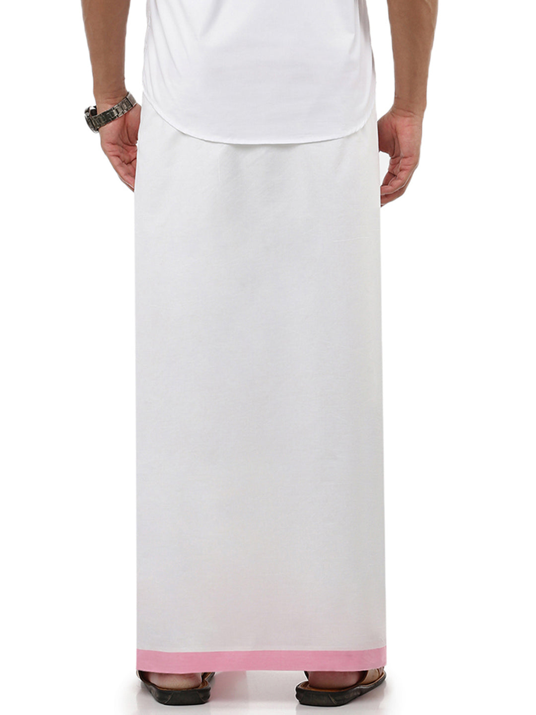 Men Light Pink Fancy Border Double Layer Dhoti White Manali