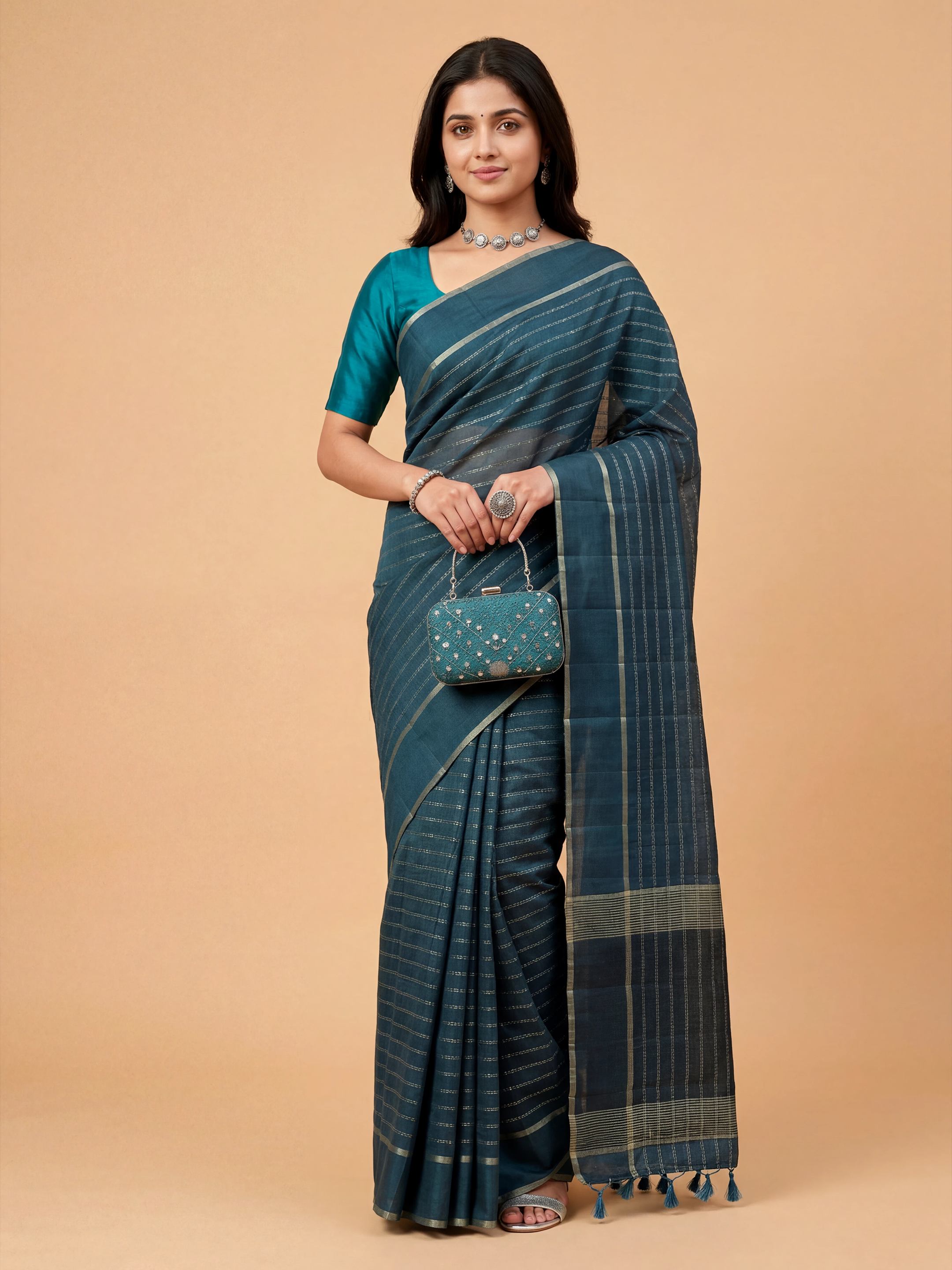 Women Semi Tussar Peacock Blue Saree ST327