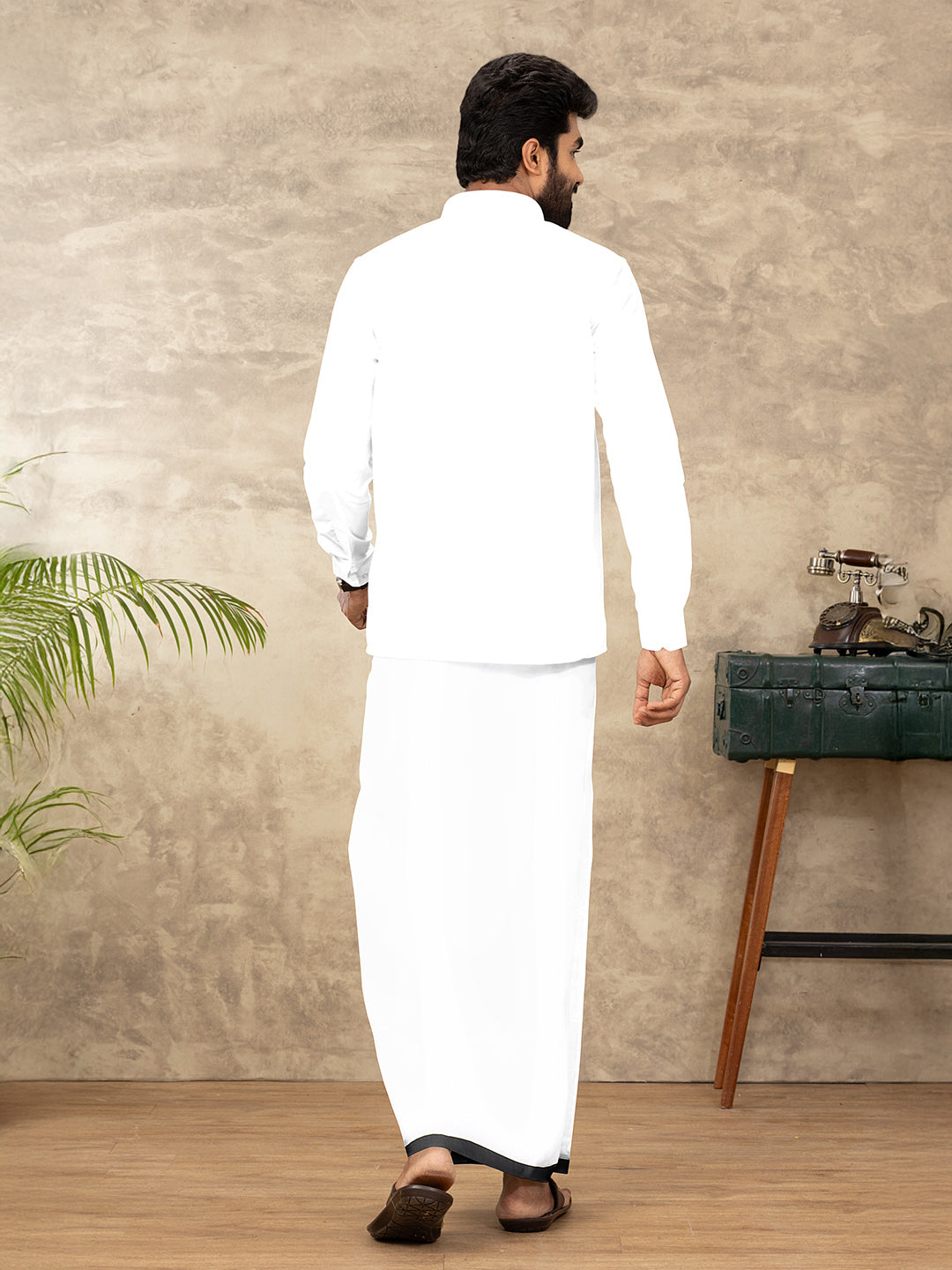 Men Cotton Blend Double Layer White Dhoti with Fancy Border TF04