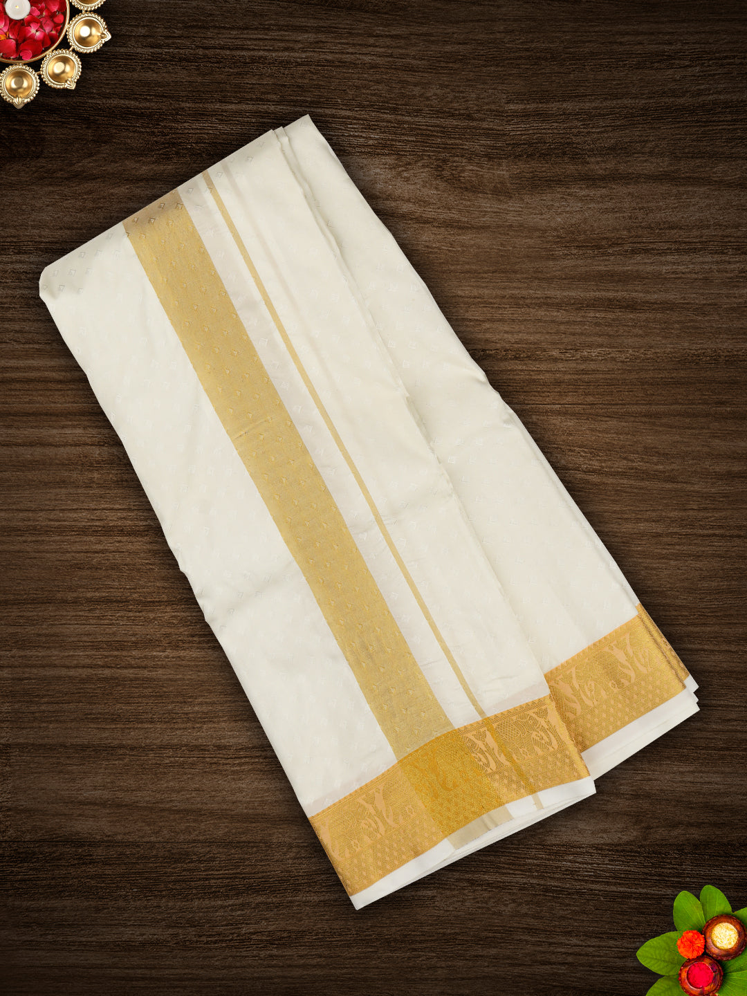 Mens Art Silk Zari Dhoti & Shirting Set Cream Mangalakara