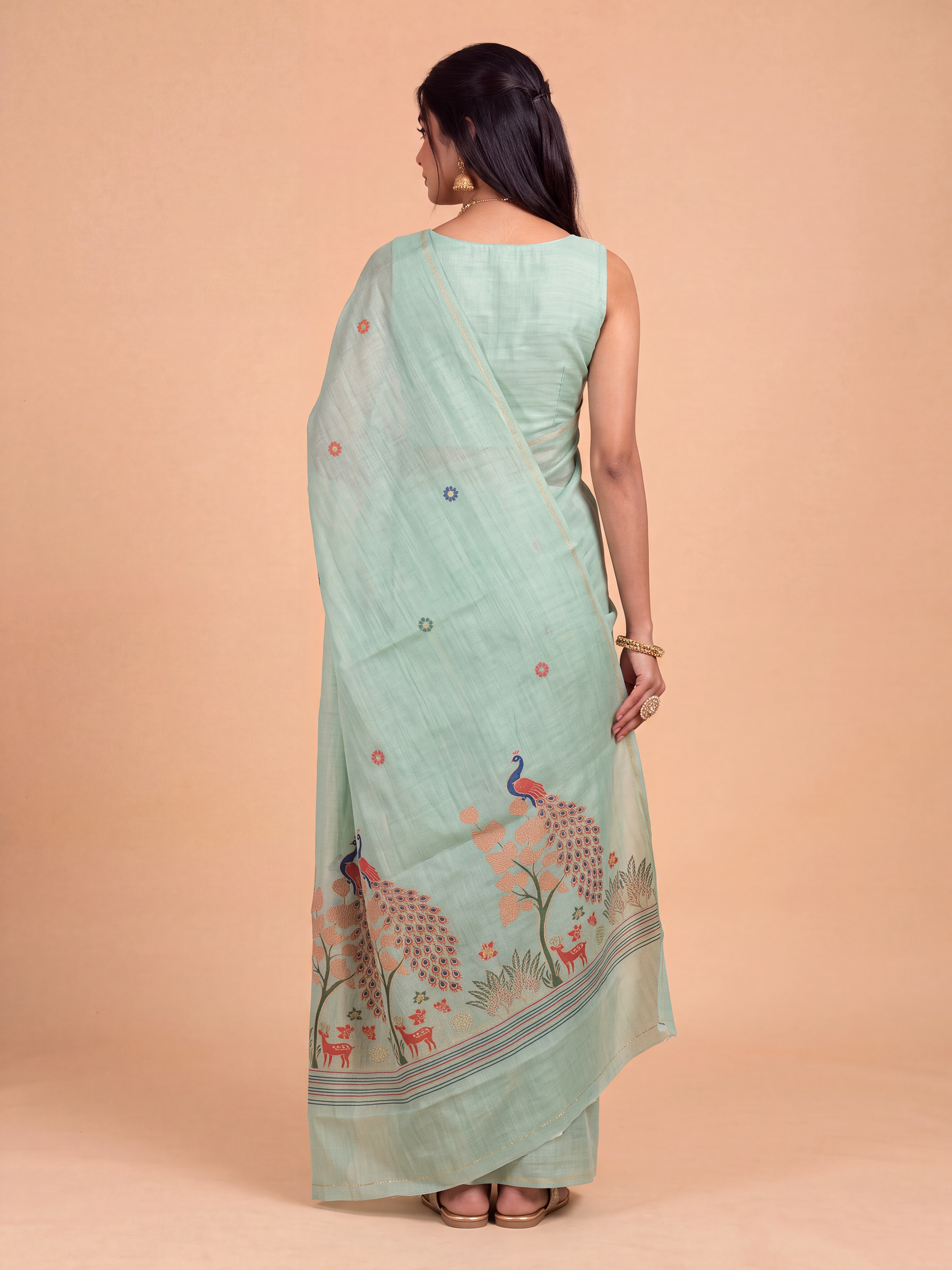 Women Mint Green Spun Poly Printed Saree SP11