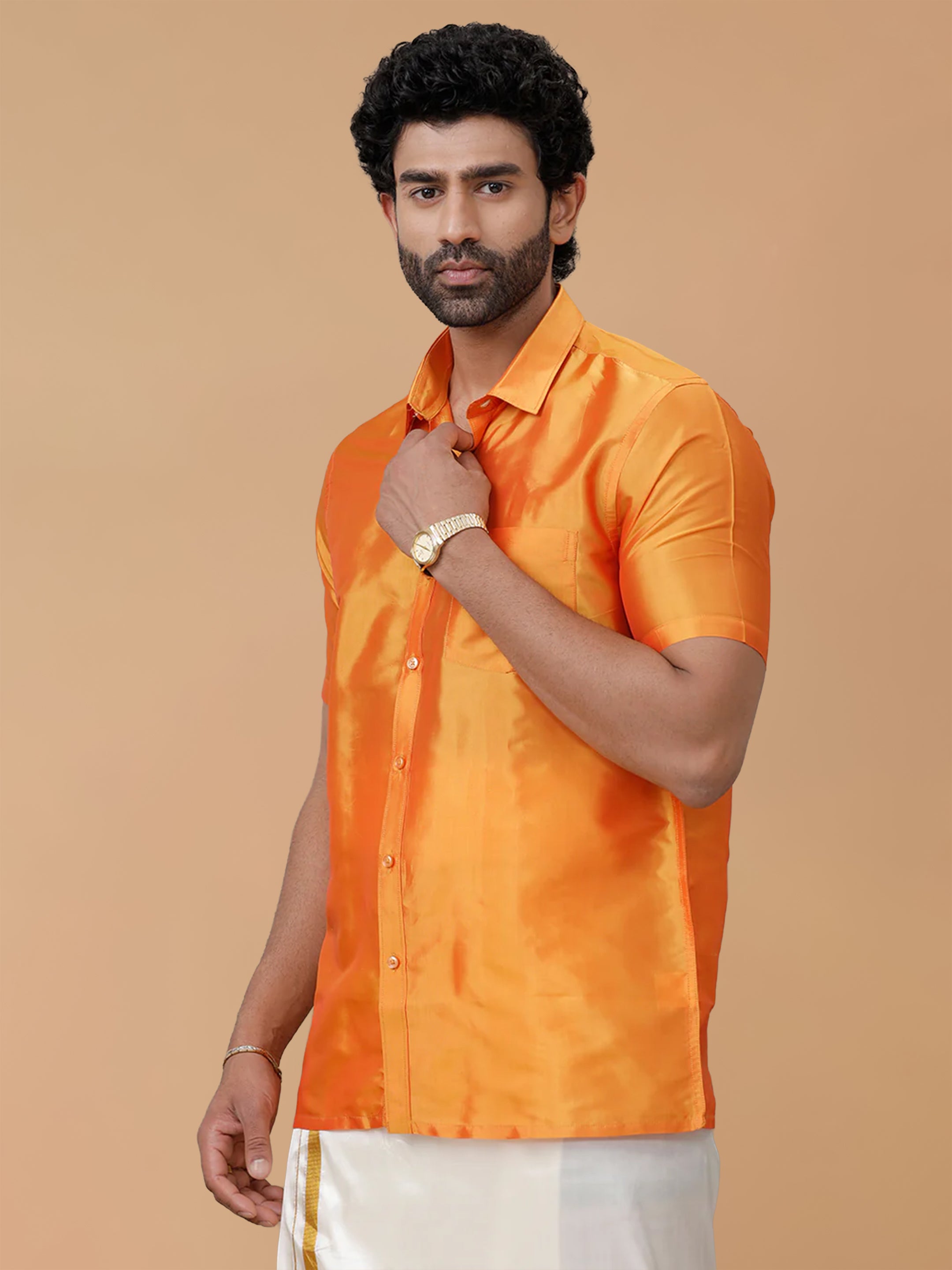 Pure Silk Golden Orange Shirt - Regular Fit