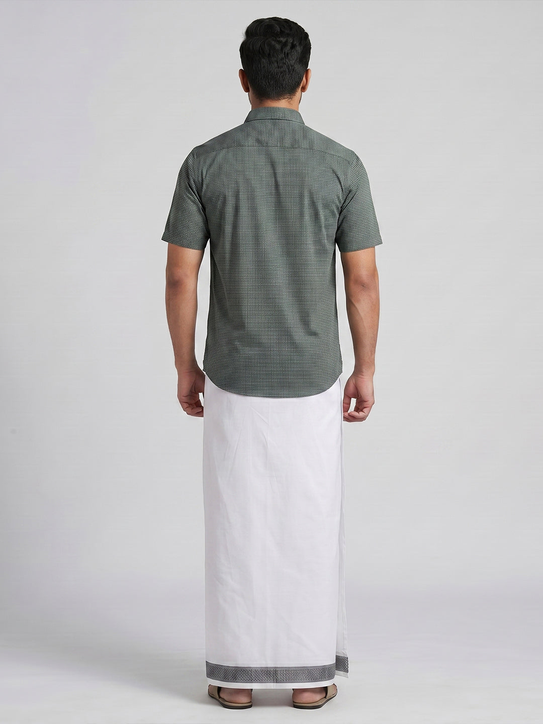 Men Teal Green Matching Border Dhoti With Printed Shirt Set Windsor HNJ5