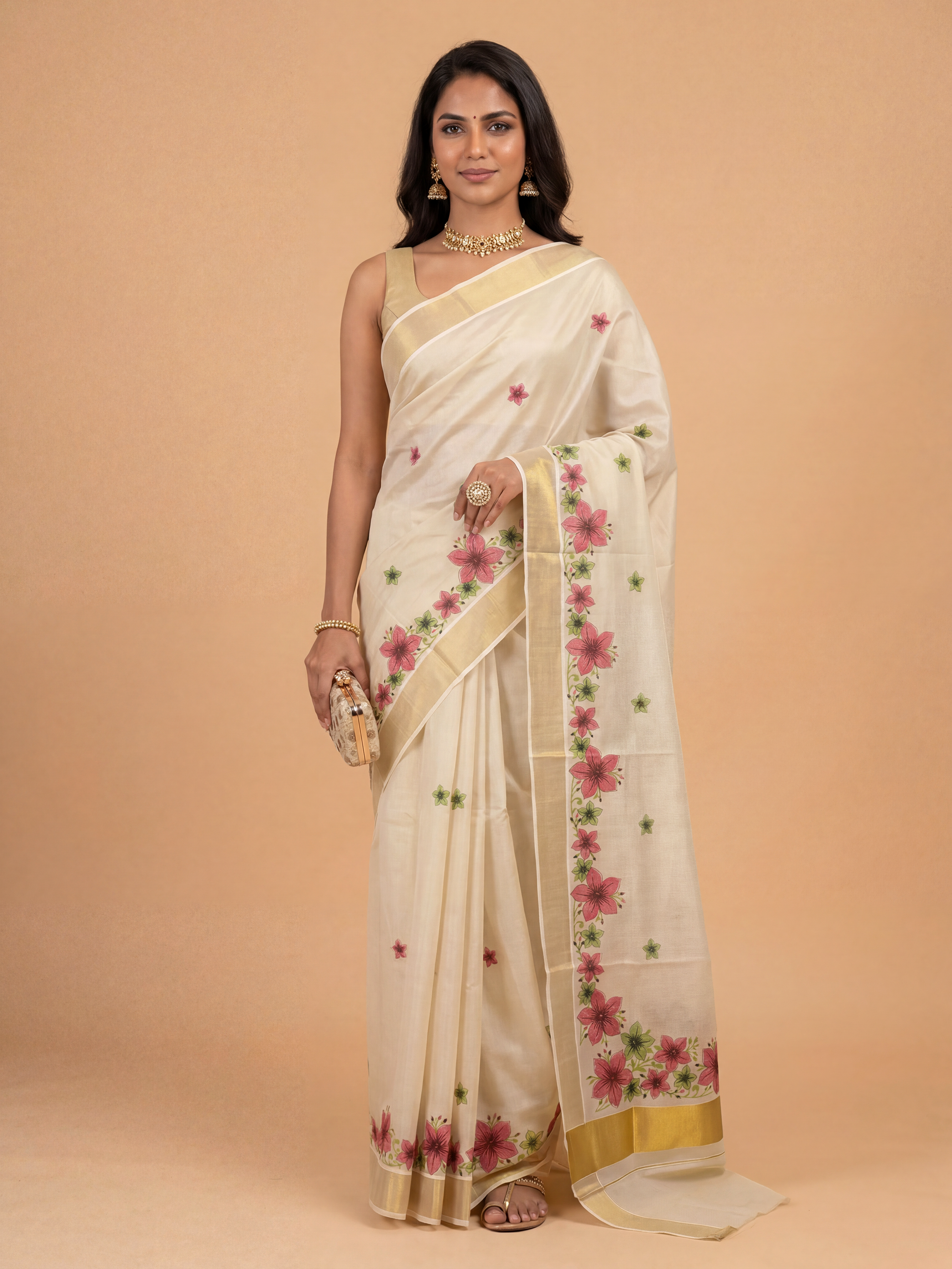 Women Gold Kerala Tissue Embroidered Saree KLS11