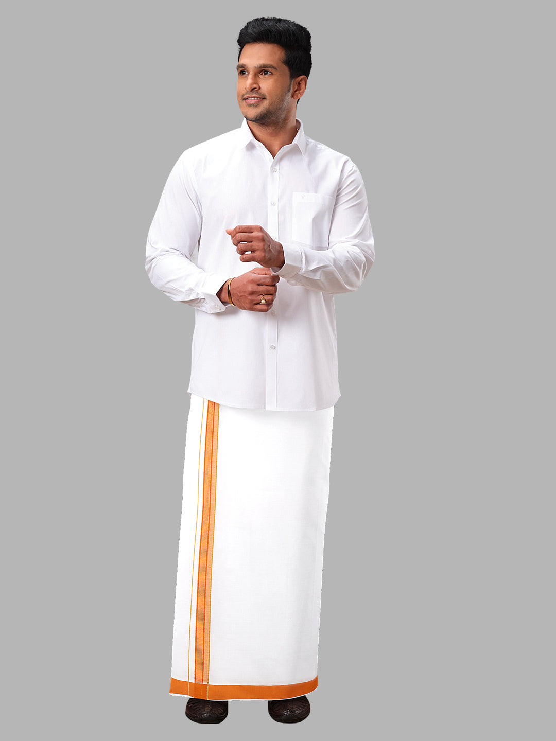 Men Orange Adjustable Pocket Dhoti with Fancy Border GACJ16