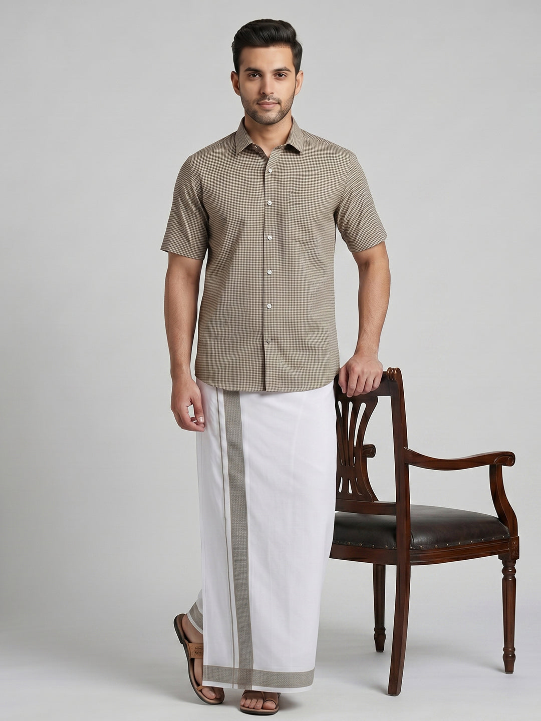 Men Light Grey Matching Border Dhoti With Printed Shirt Set Windsor HNJ2