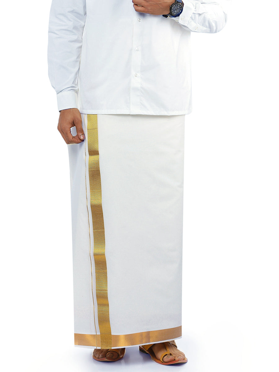 Mens Cream Double Dhoti with 1 1/2" Gold Jari Border Gold Special Pet