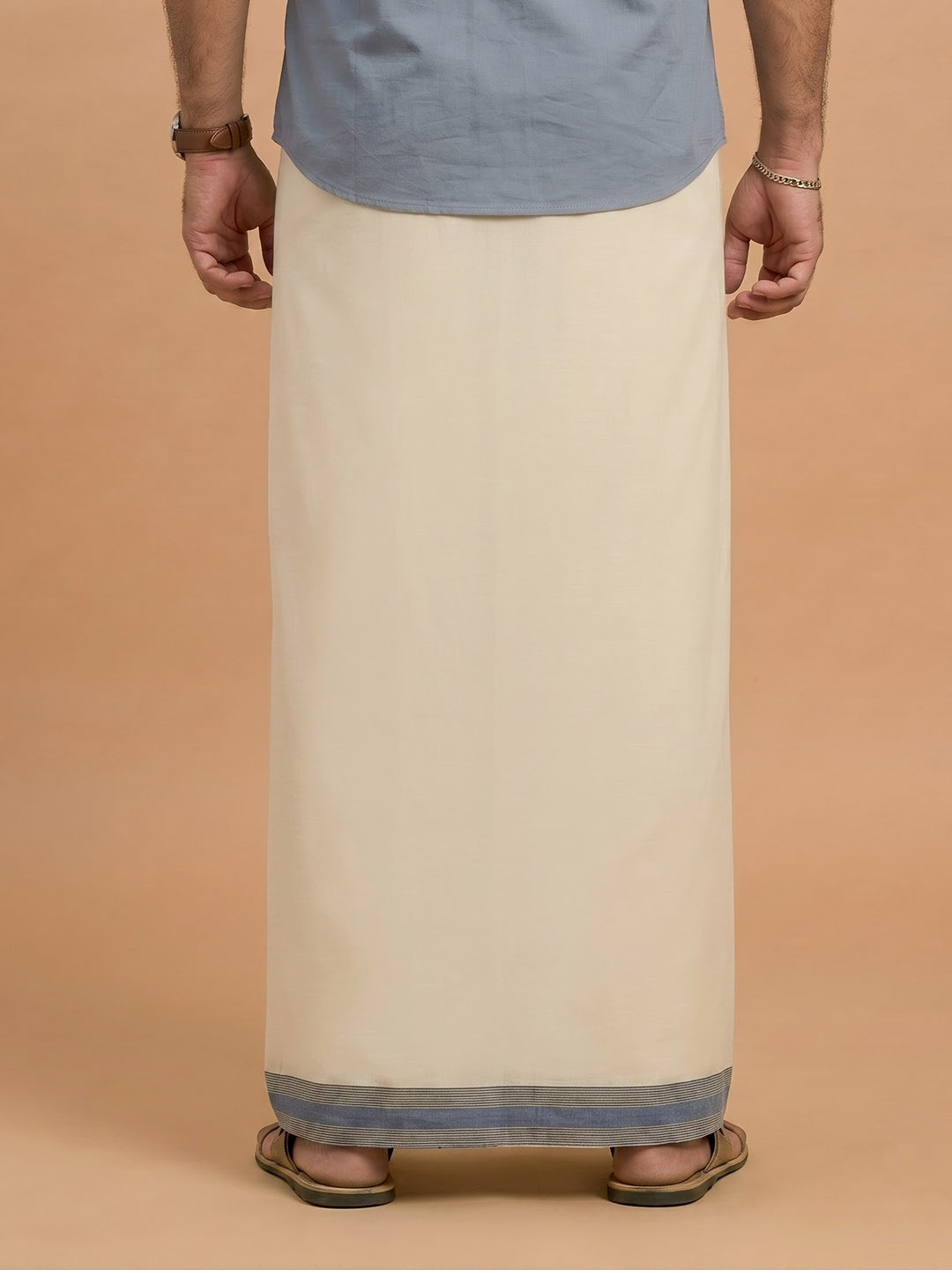 Double Layer Supima Cotton Cream Kora Dhoti with Colour Jari Border - LC42