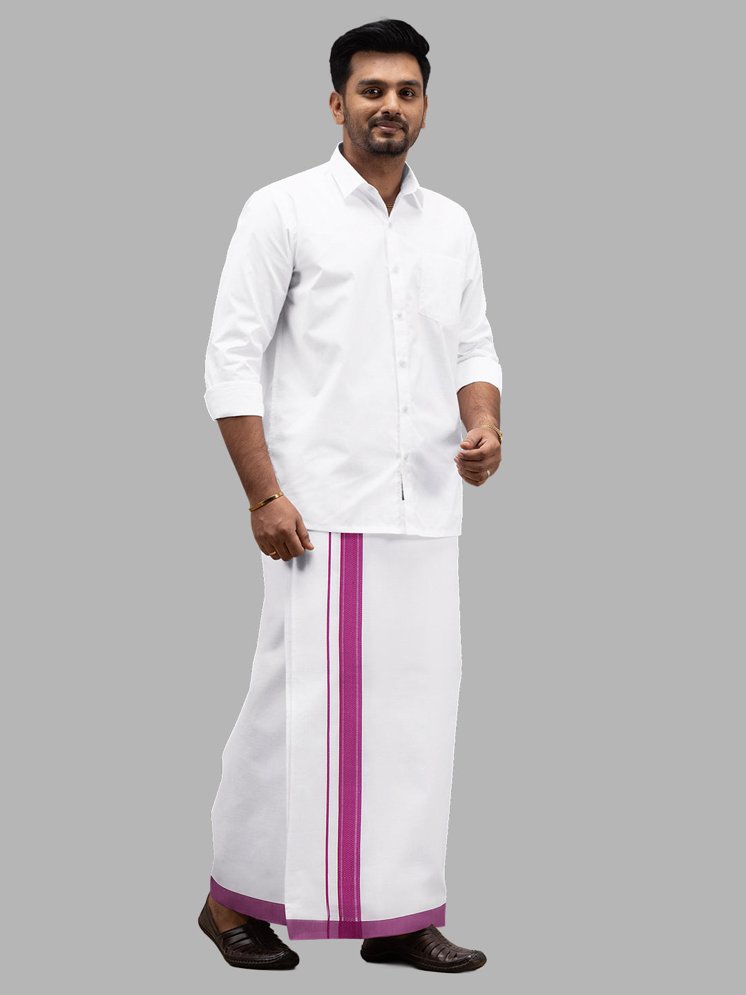 Men Violet Adjustable Pocket Dhoti with Fancy Border GACF09