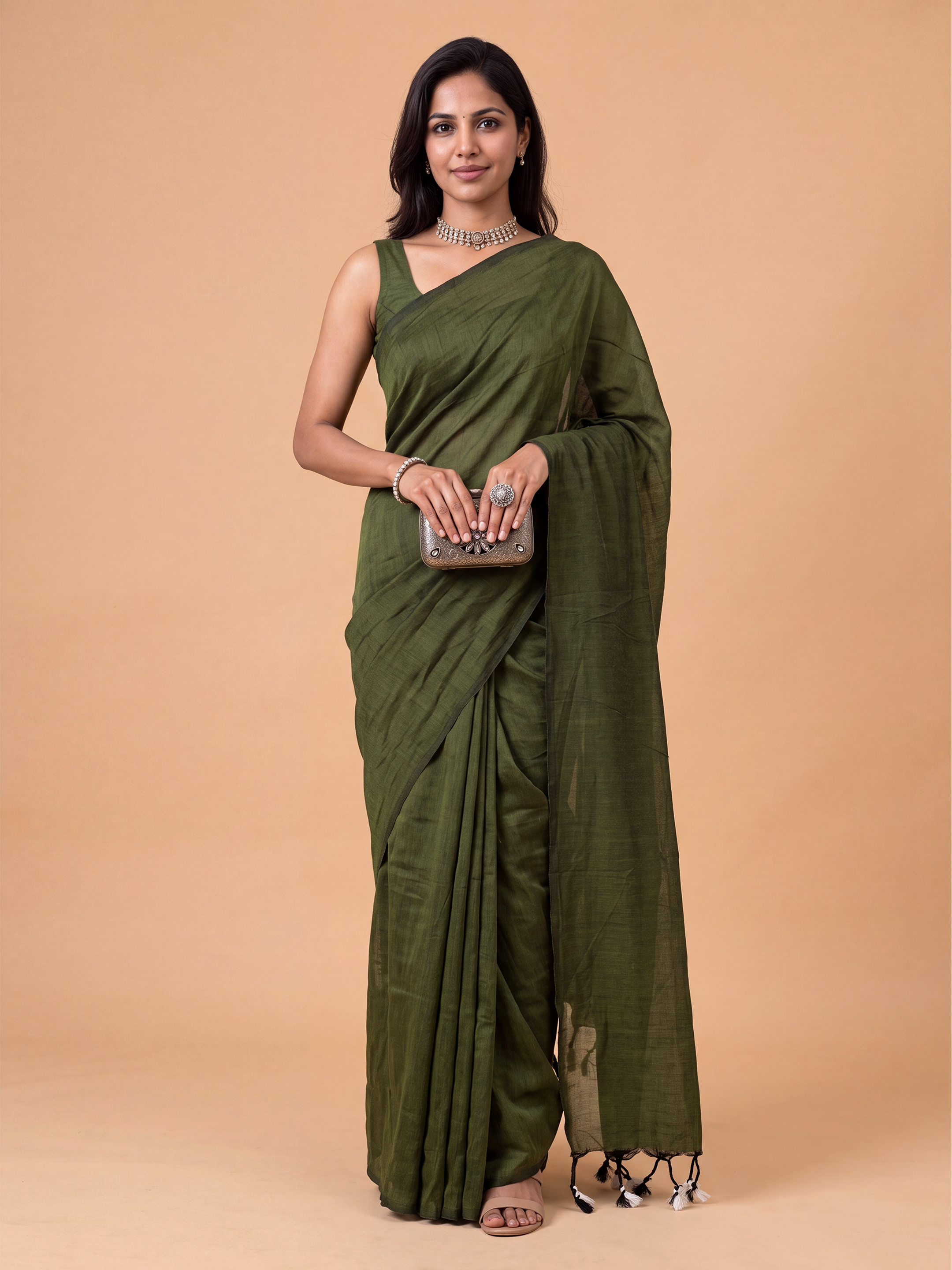 Women Pure Cotton Dark Green Saree PCS290