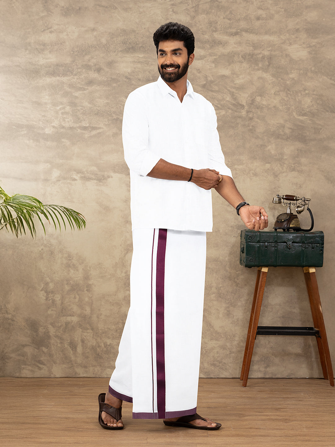 Men Cotton Blend Double Layer White Dhoti with Fancy Border TS05