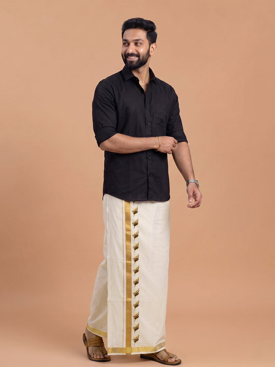 Double Layer Cotton Cream Dhoti with Colour Jari Border - GCC02