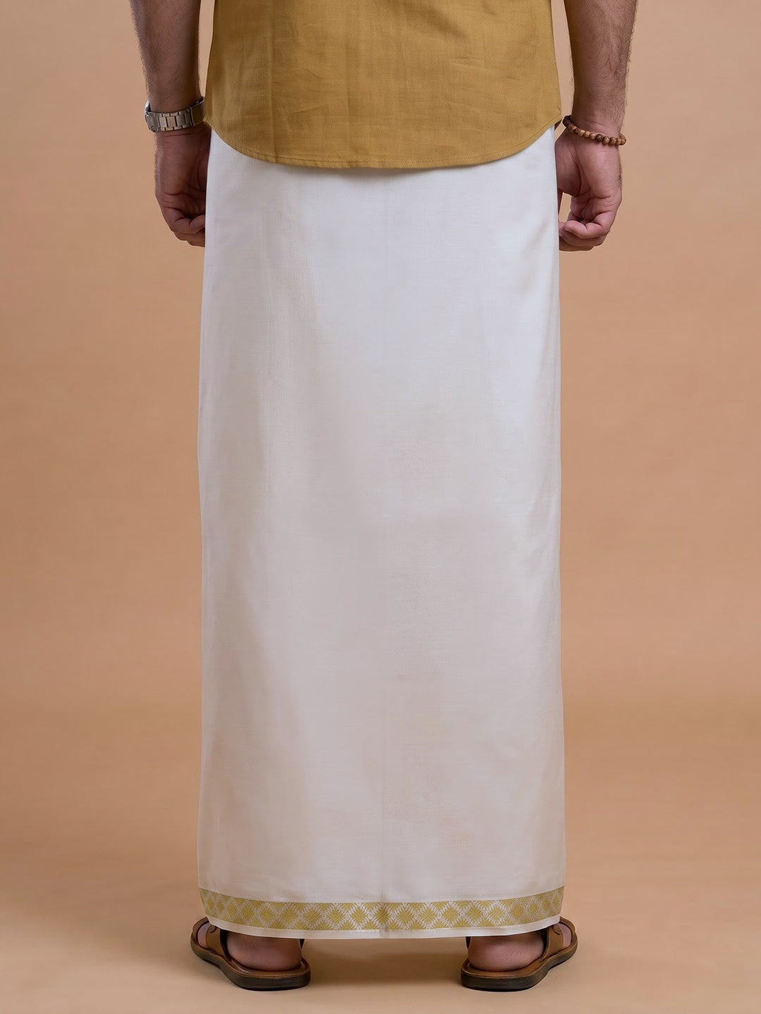 Double Layer 100% Cotton White Dhoti with Colour Jari Border - LC48