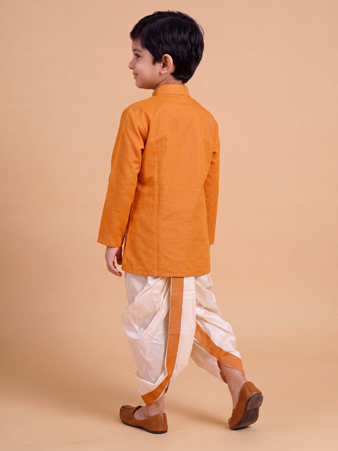 Boys Slub Cotton Full Sleeves Orange Kurta with Panchakacham Combo Set SL3