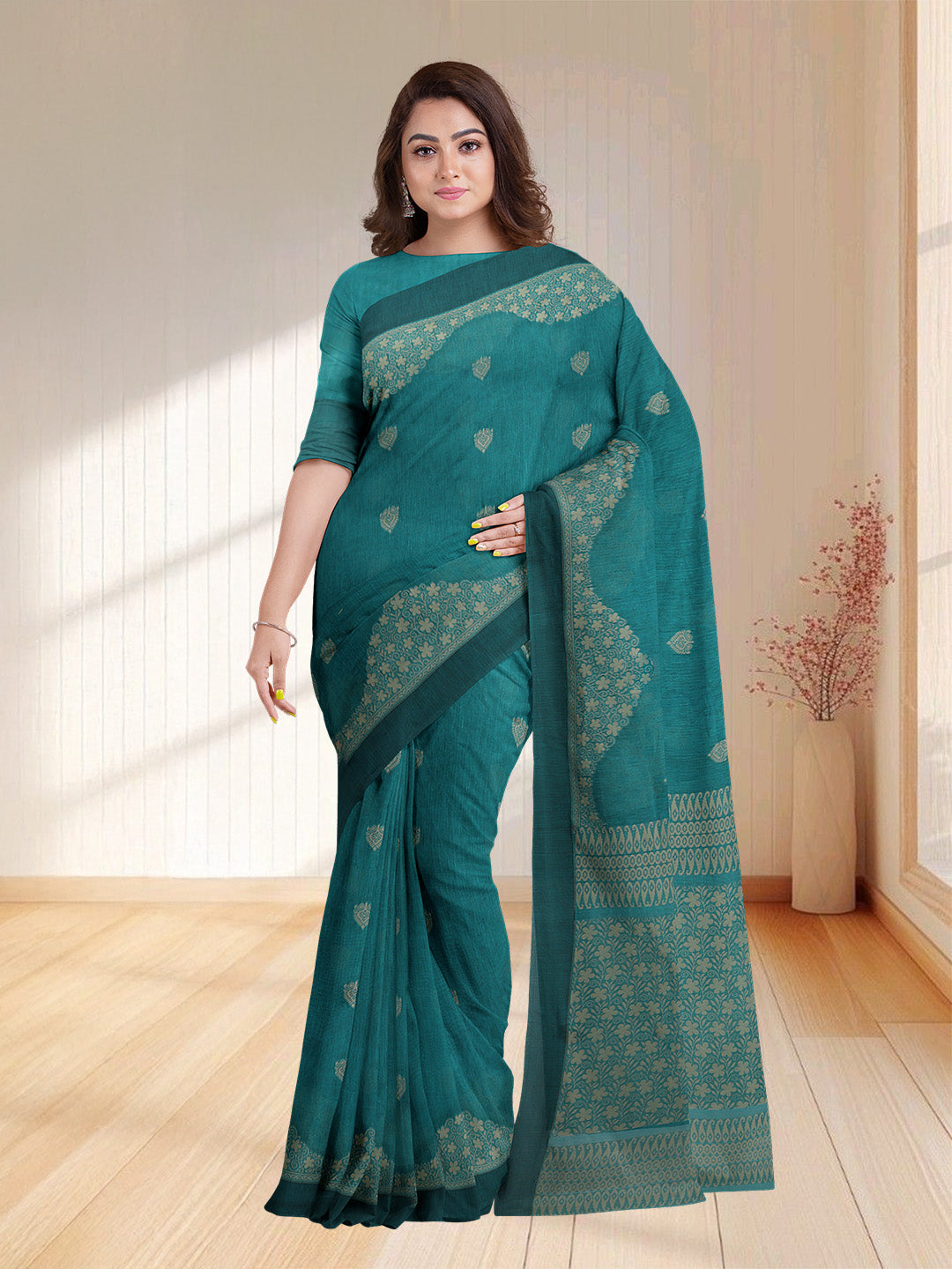 Women Cyan Blue Kora Cotton Saree PCS174