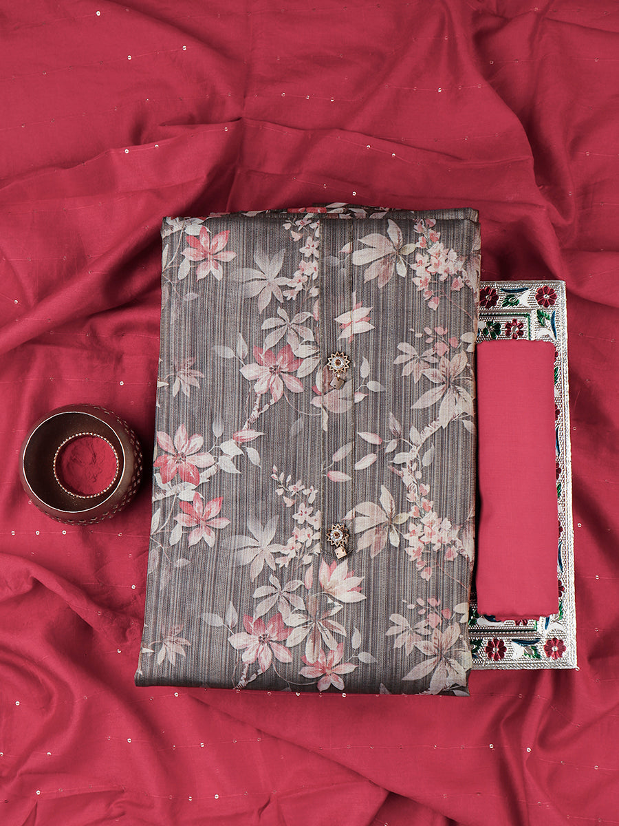 Women Green & Grey Flower Digital Print Unstitched Semi Raw Silk Cotton Dress Material DM101