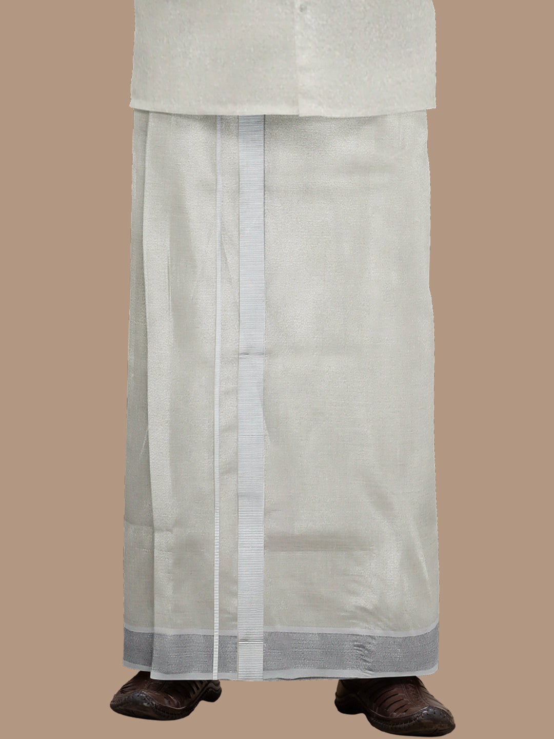 Men Tissue Double Layer Dhoti with Silver Jari Border Tissue Silver