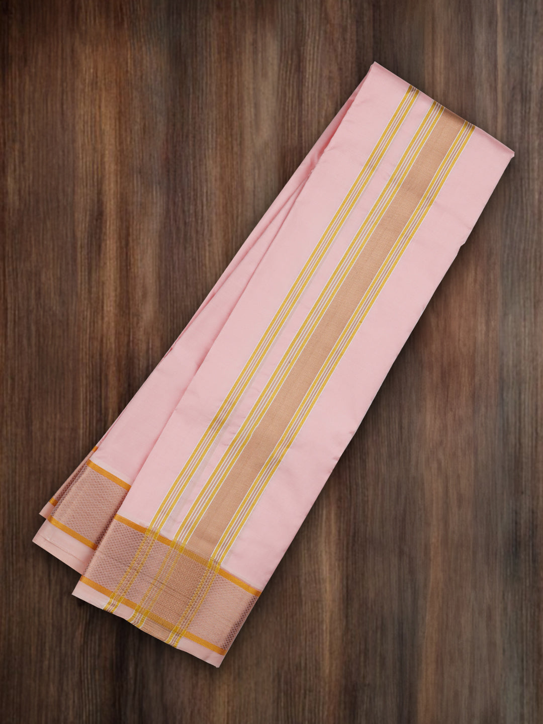 Premium Pure Silk Baby Pink Plain Shirt Bit with 3" jari Gold Fancy & Angavasthram Set Rajahamsa