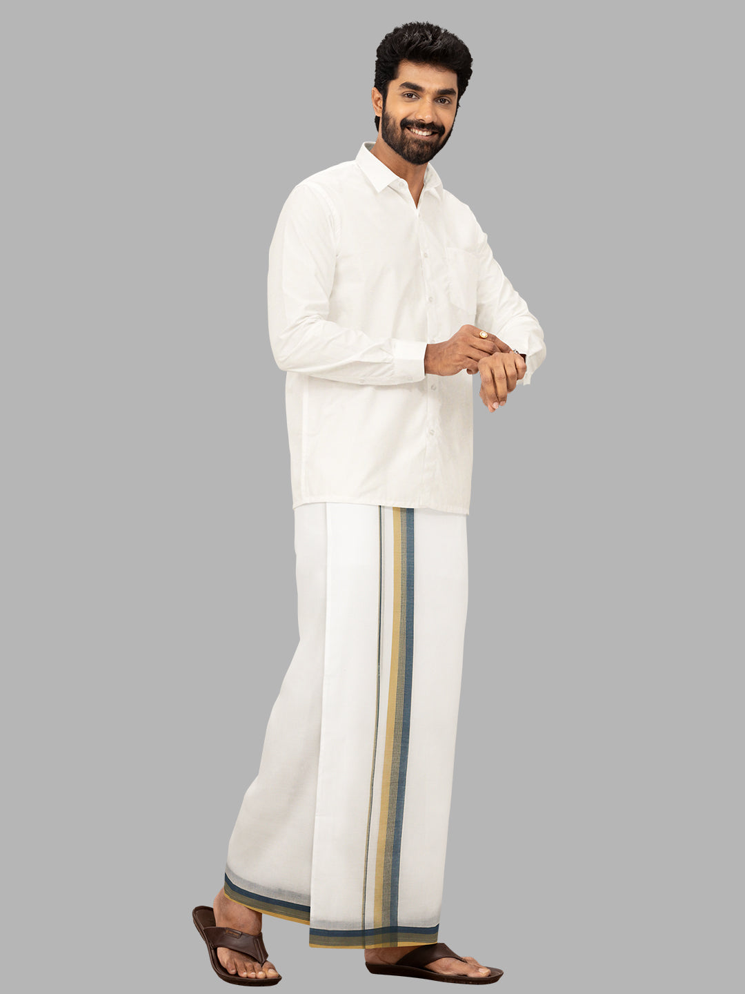 Men Sandal Fancy Border Double Layer White Dhoti RVS06