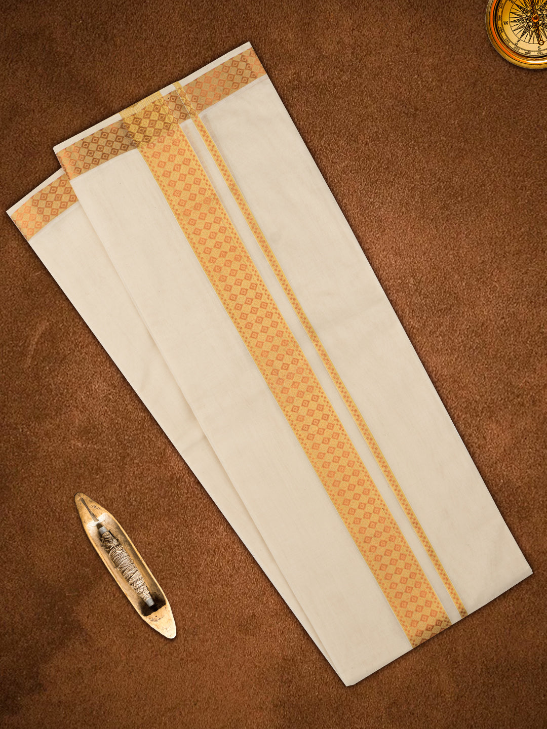 Men Premium Handloom Gold Jari Fancy Border Cream Dhoti -110512