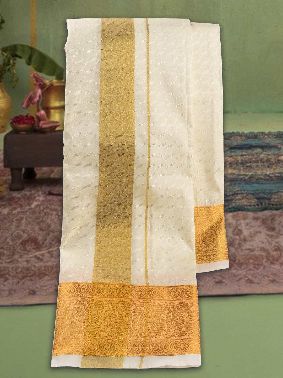 Men Art Silk Jari Dhoti & Shirting Set Cream Mangalakara Set 140k (3 in 1)