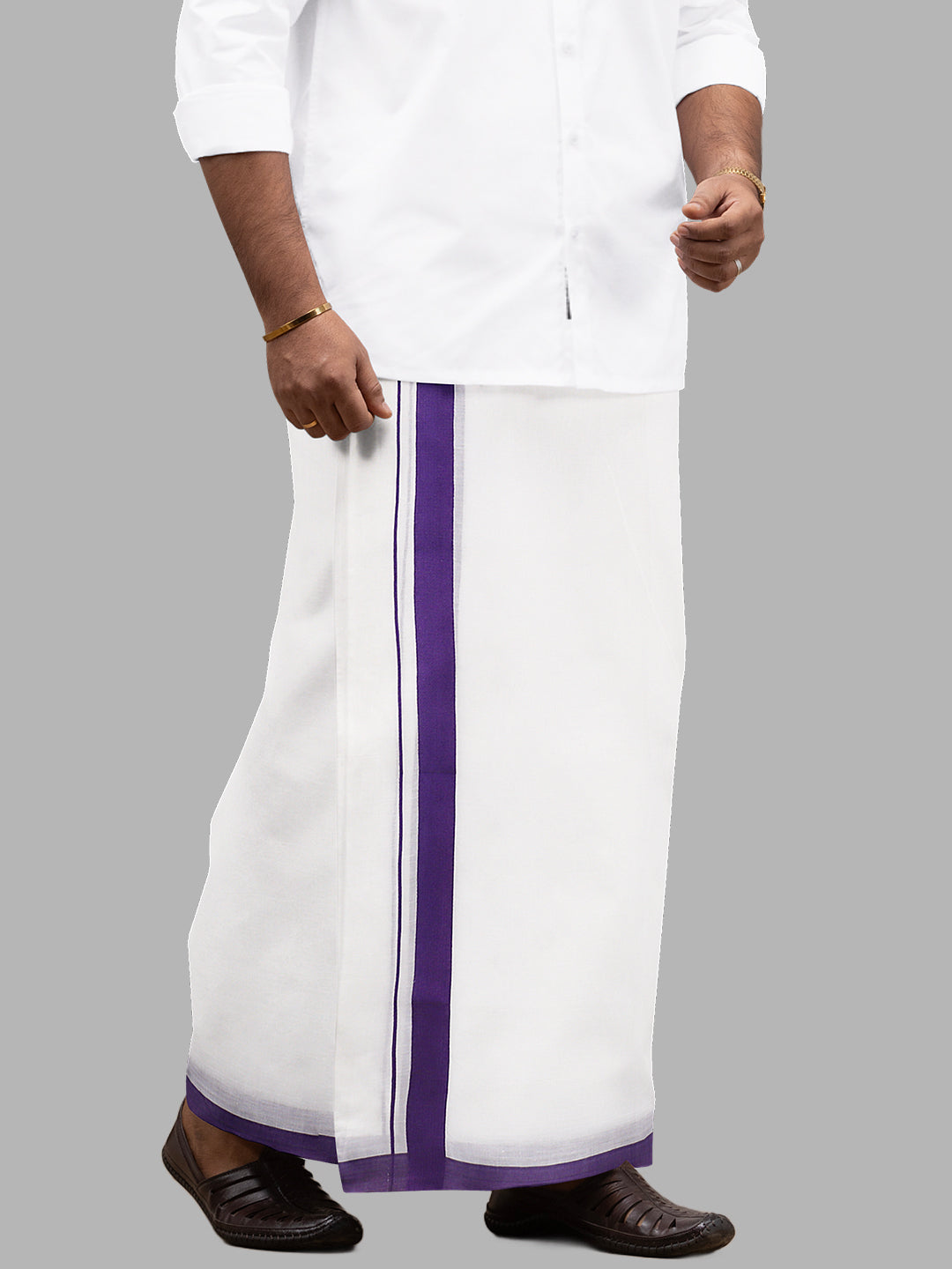 Men Violet Fancy Border Double Layer White Dhoti RS02