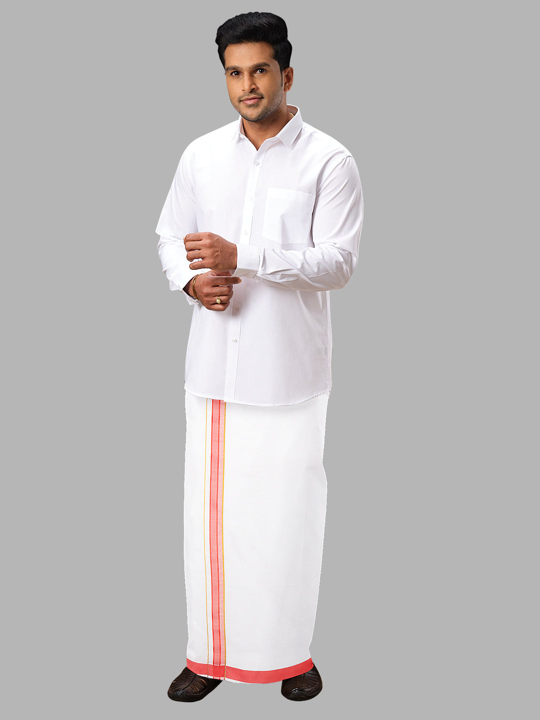 Men Pink Adjustable Pocket Dhoti with Fancy Border GACJ29