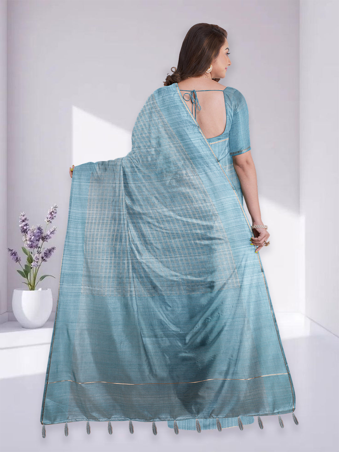 Women Blue Semi Tussar Checks Saree ST272
