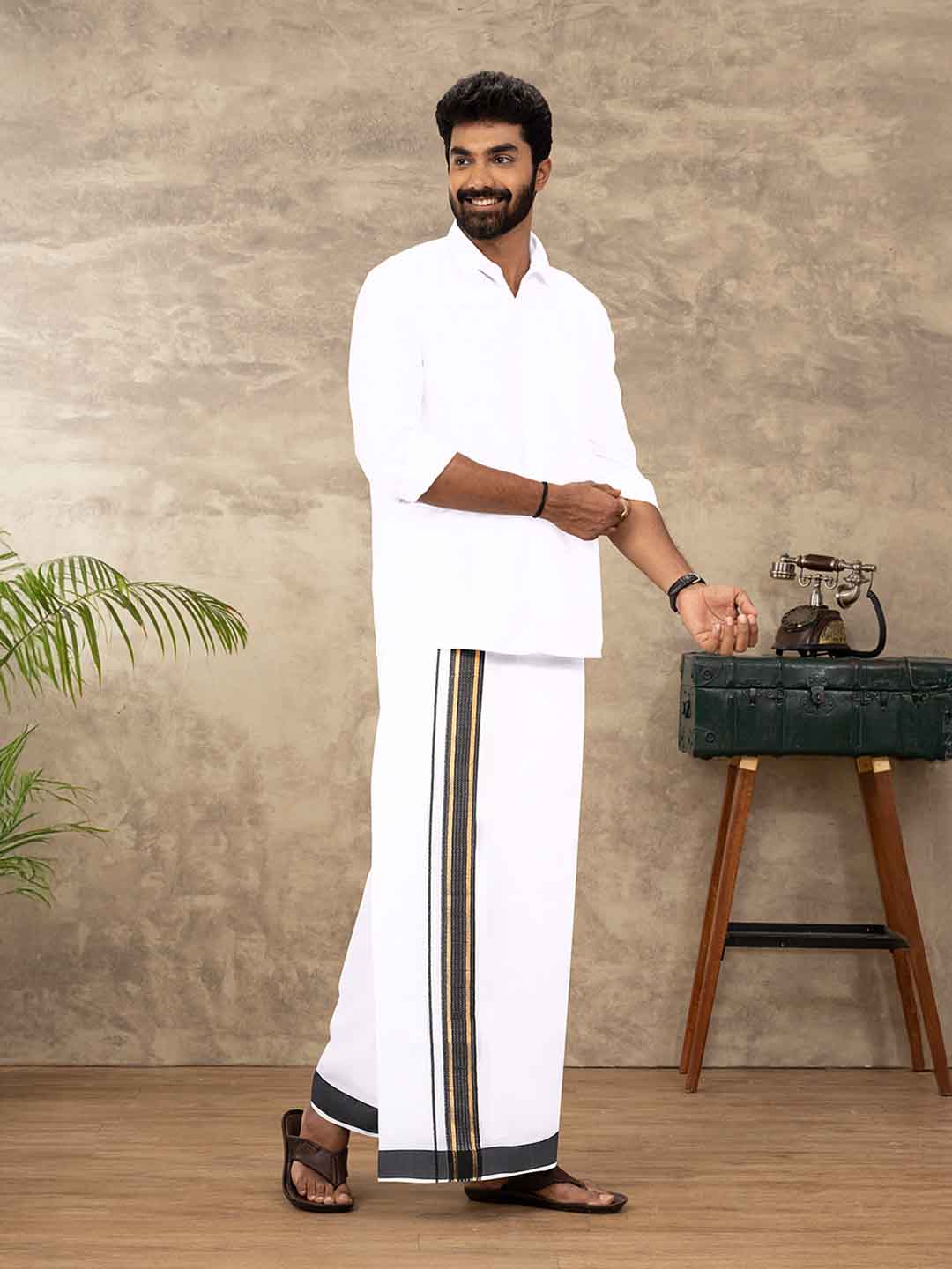 Men Cotton Blend Double Layer White Dhoti with Fancy Jari Border TGJF04