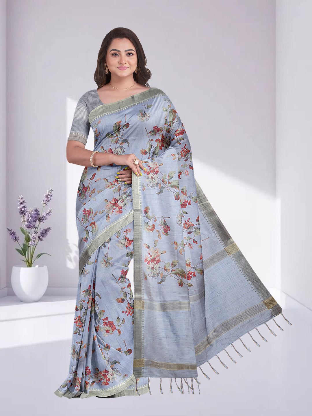 Women Lavender Semi Raw Silk Printed Saree SRS107