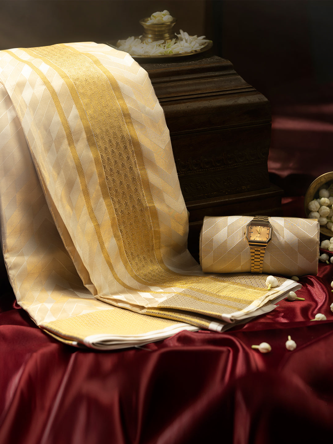 Pure Silk Embossed Tissue Jari Weaving Dhoti Shirting & Towel Set with 5" Jari Border – Rajahamsa
