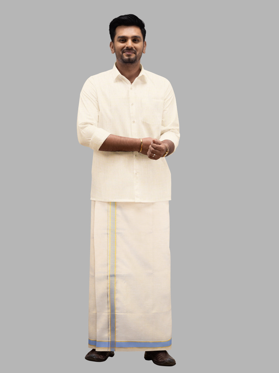 Men Tissue Single Layer Gold Dhoti with Fancy Jari Border