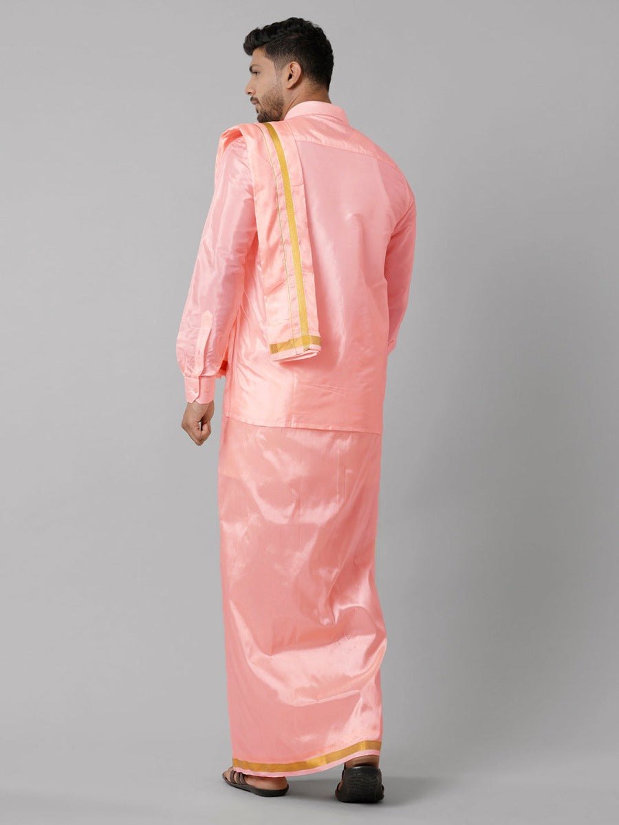 Mens Art Silk Pink Shirt Dhoti Towel Set Swayamvara-Back view