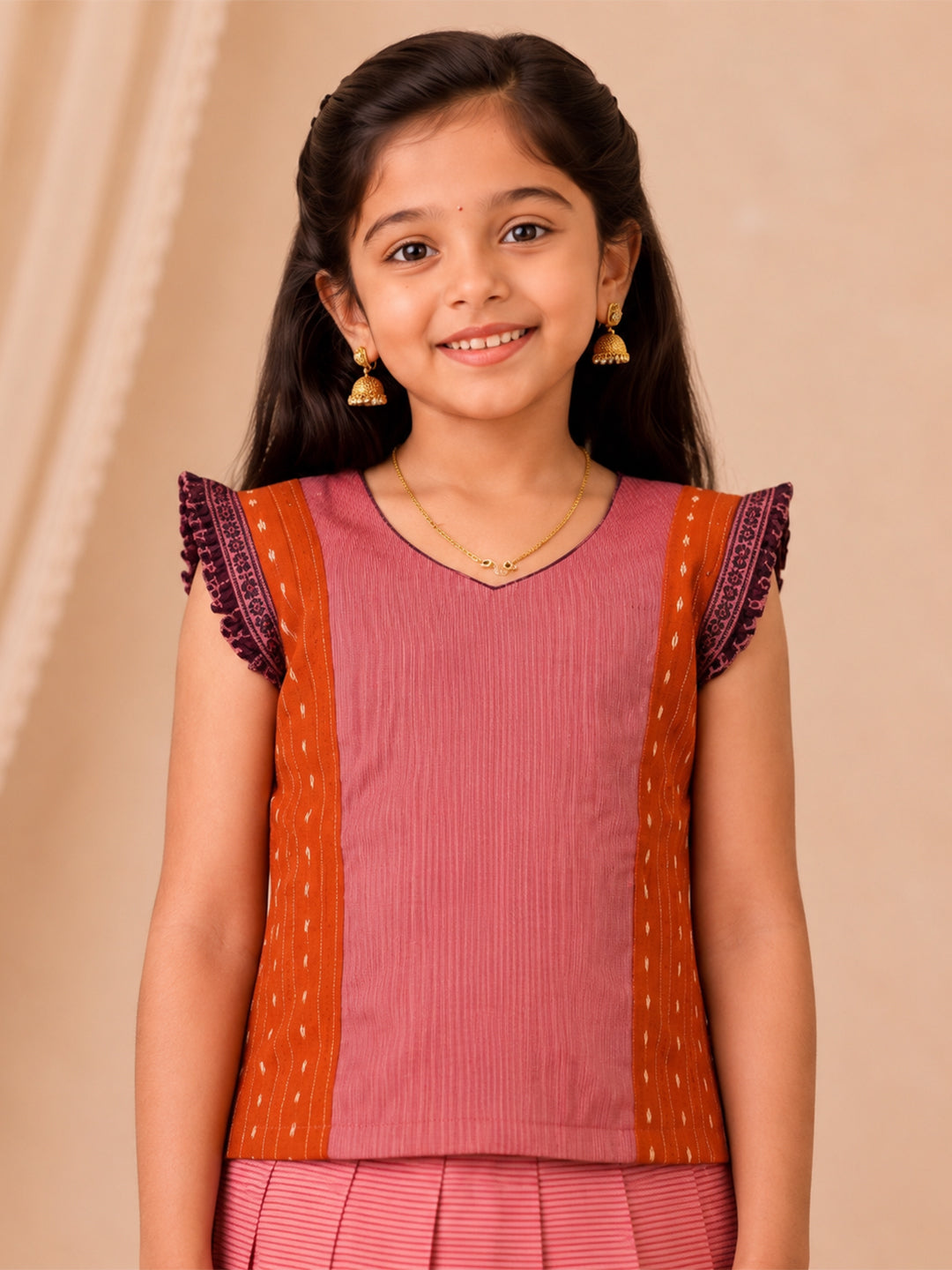 Girls Cotton Lilac with Brown Pattu Pavadai Set GPS51