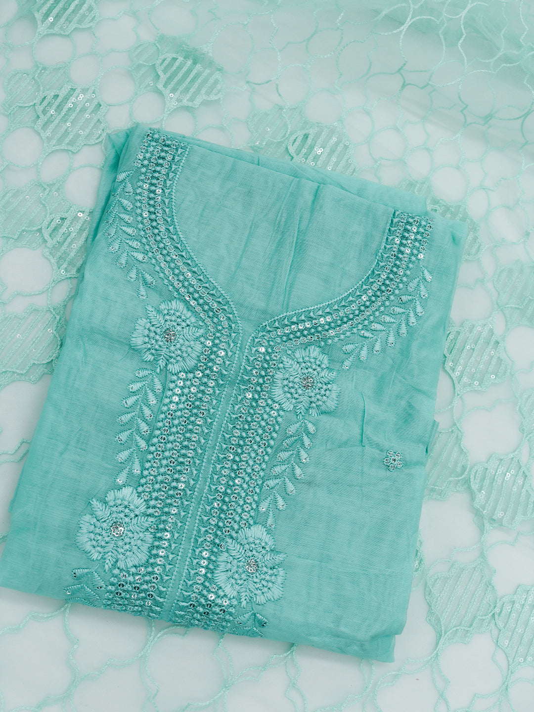 Women Semi Chanderi Embroidered Dress Material Pale Turquoise DM356