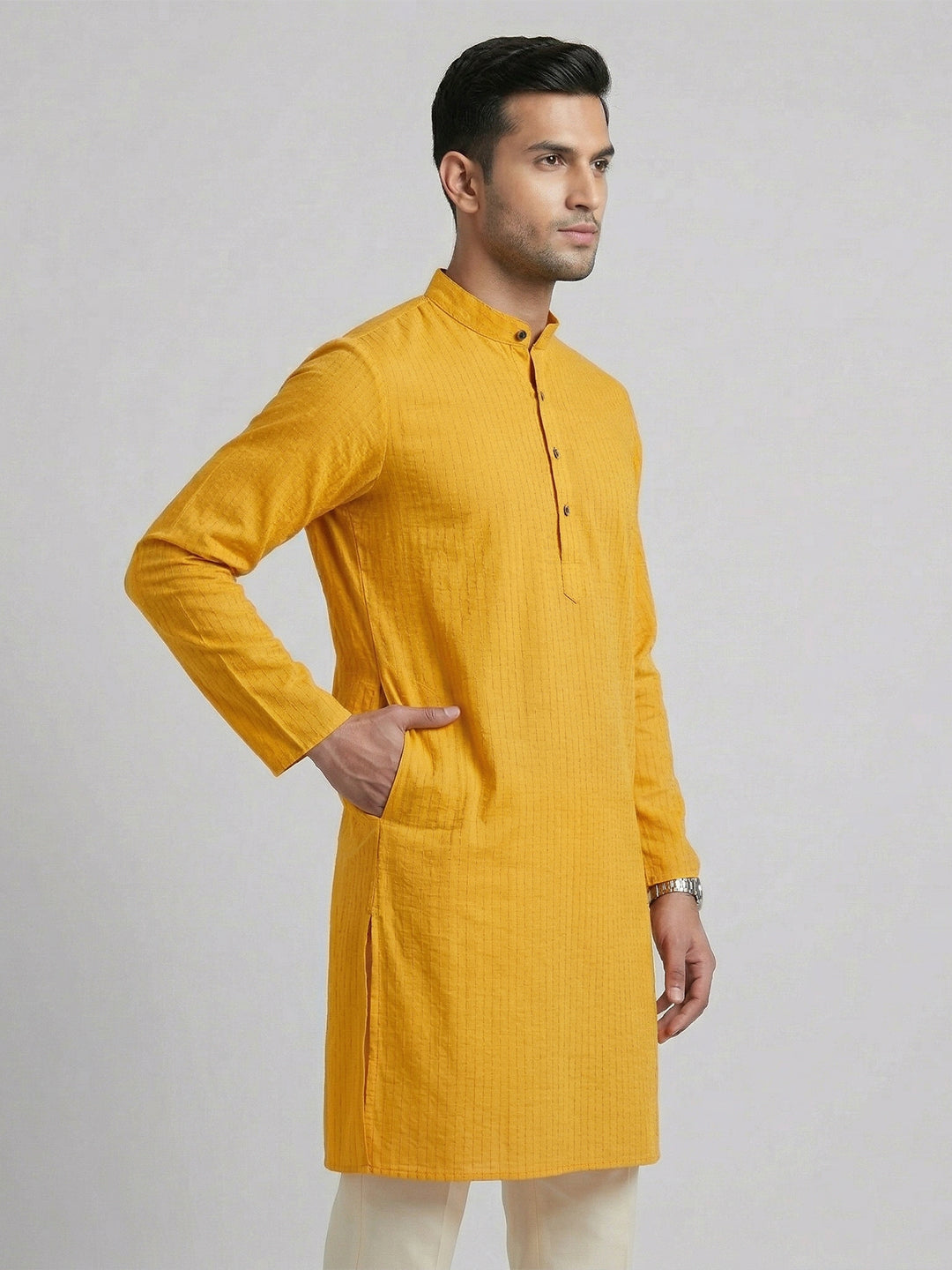 Men Cotton Full Length Self Design Pocket Kurta Orangy Yellow Y4