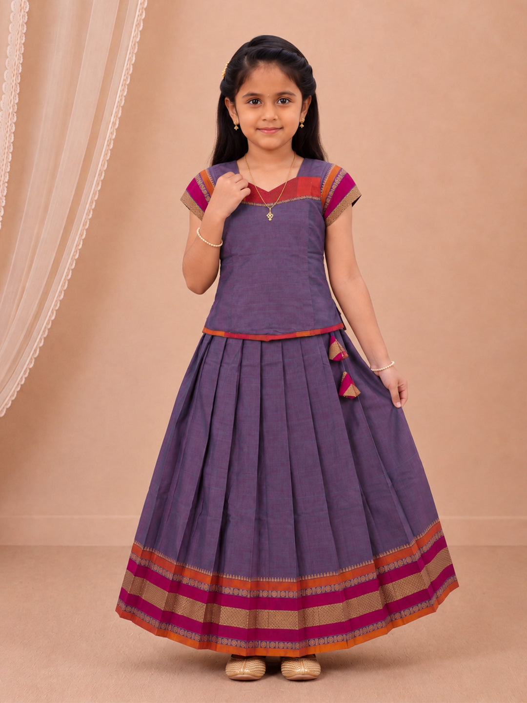 Girls Cotton Blue Pattu Pavadai Set GPS58